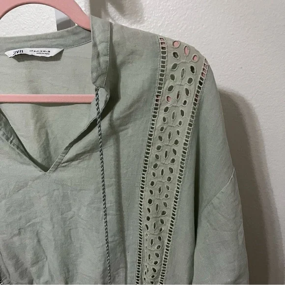 Zara Sage Green Linen Blend Eyelet Tassel Mini Dress Womens Medium - Picture 5 of 11